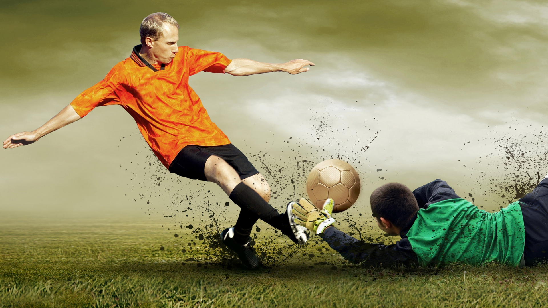 Homme en Chemise Orange et Short Noir Jouant au Football. Wallpaper in 1920x1080 Resolution