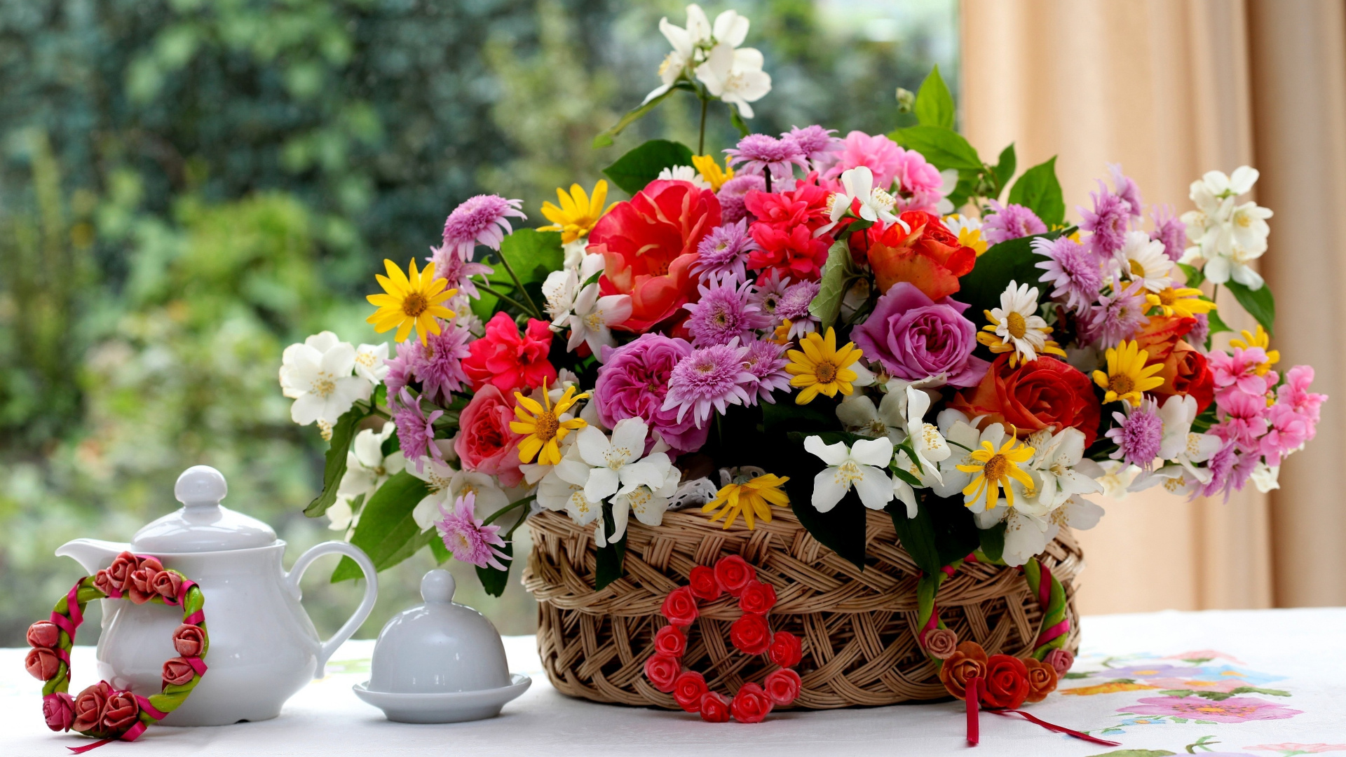 Pink White and Yellow Flowers in Brown Woven Basket. Wallpaper in 1920x1080 Resolution