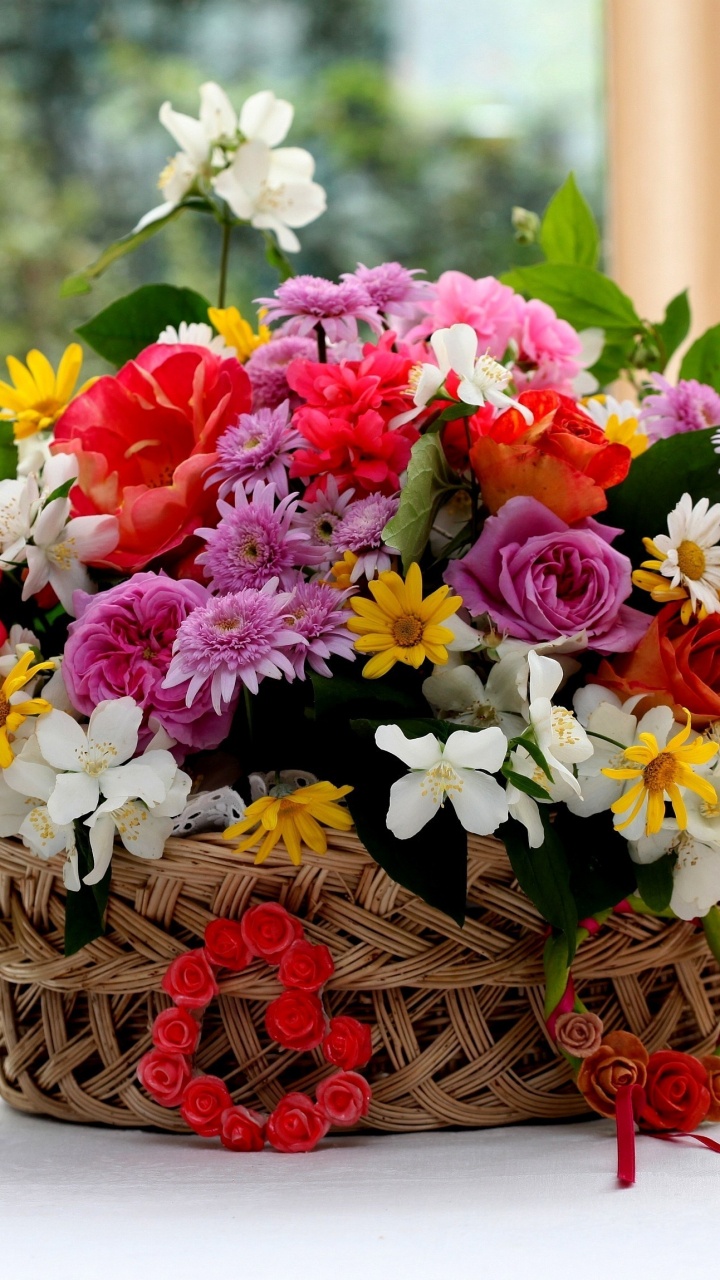 Pink White and Yellow Flowers in Brown Woven Basket. Wallpaper in 720x1280 Resolution