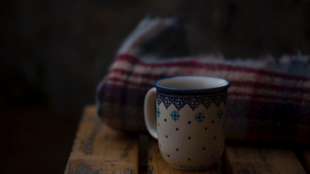 White and Blue Floral Ceramic Mug on Brown Wooden Table. Wallpaper in 1280x720 Resolution