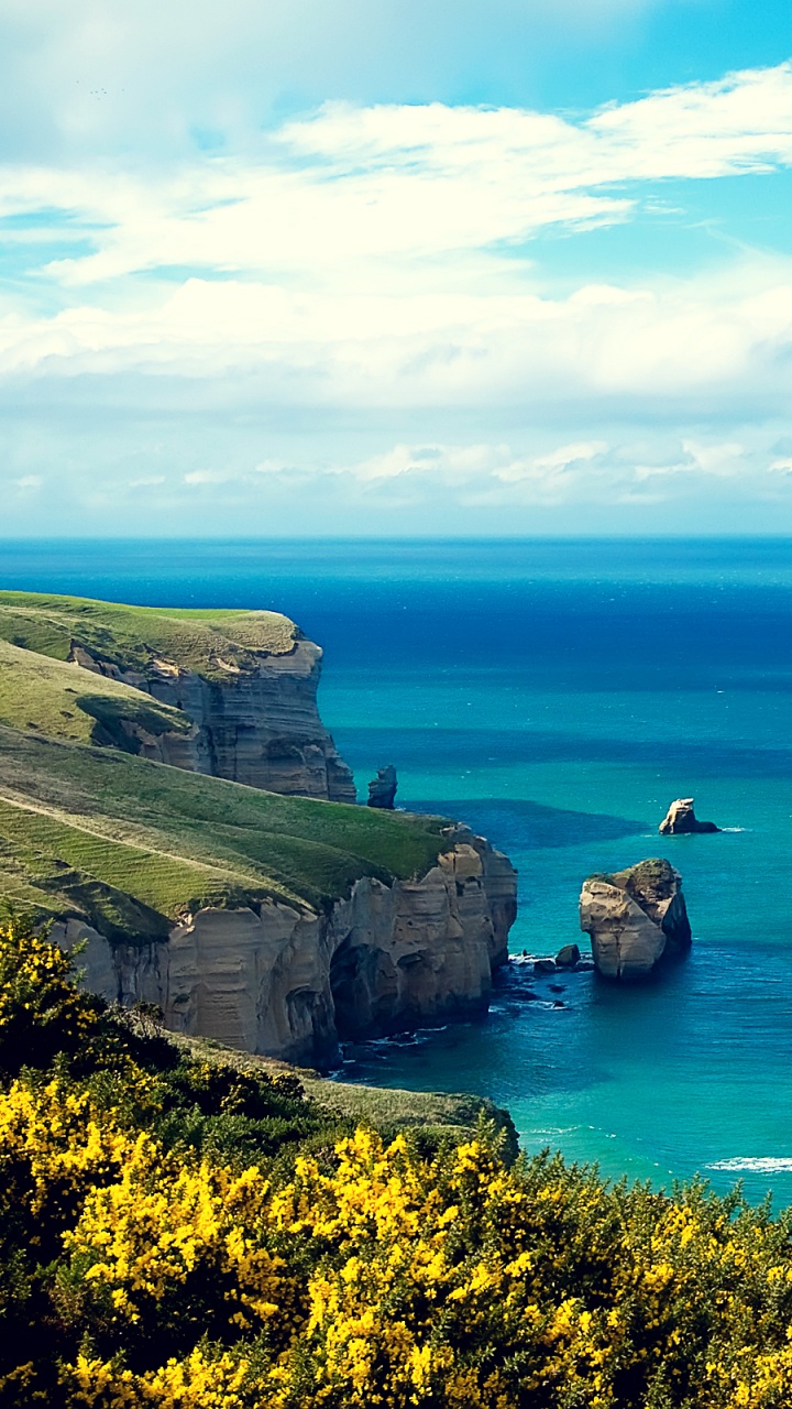 Grüne Und Braune Felsformation Neben Blauem Meer Unter Blau-weiß Bewölktem Himmel Tagsüber. Wallpaper in 720x1280 Resolution