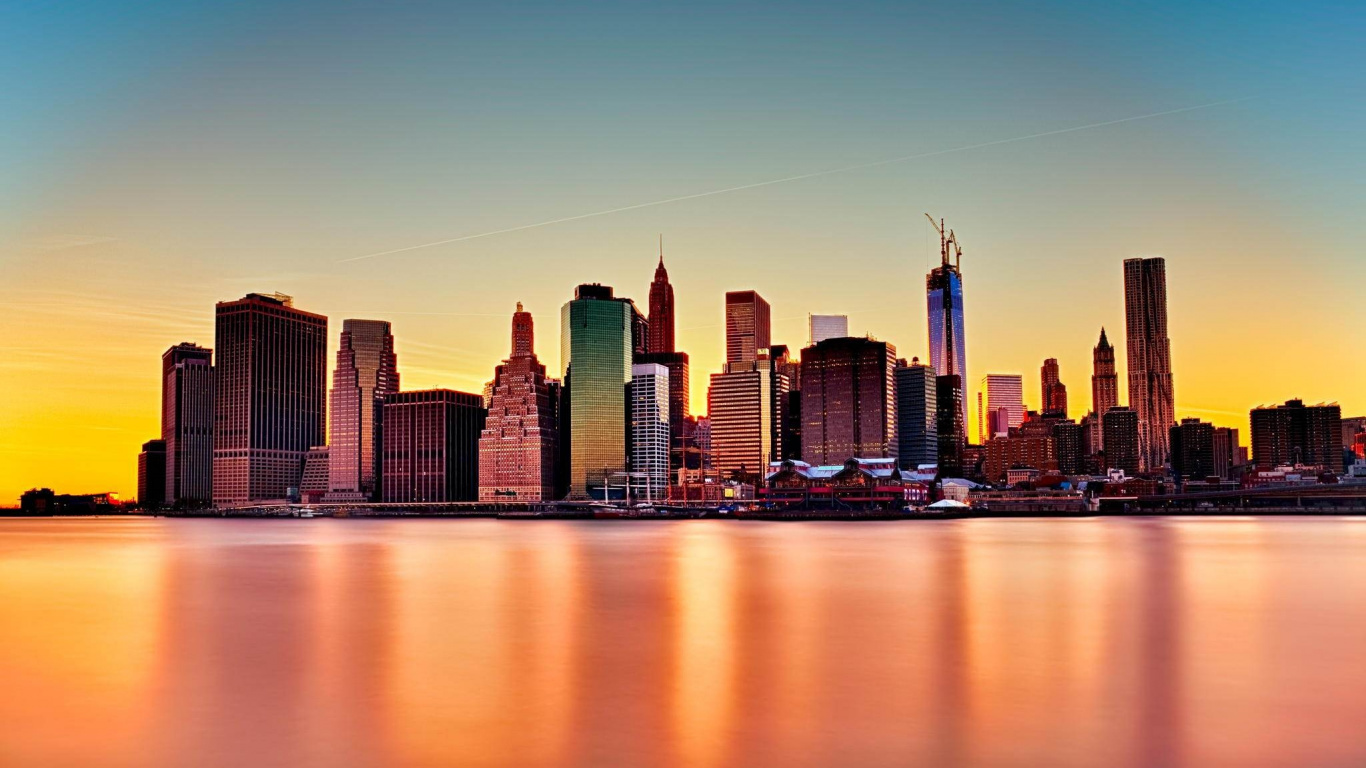 Skyline Der Stadt Über Gewässer Während Der Nacht. Wallpaper in 1366x768 Resolution