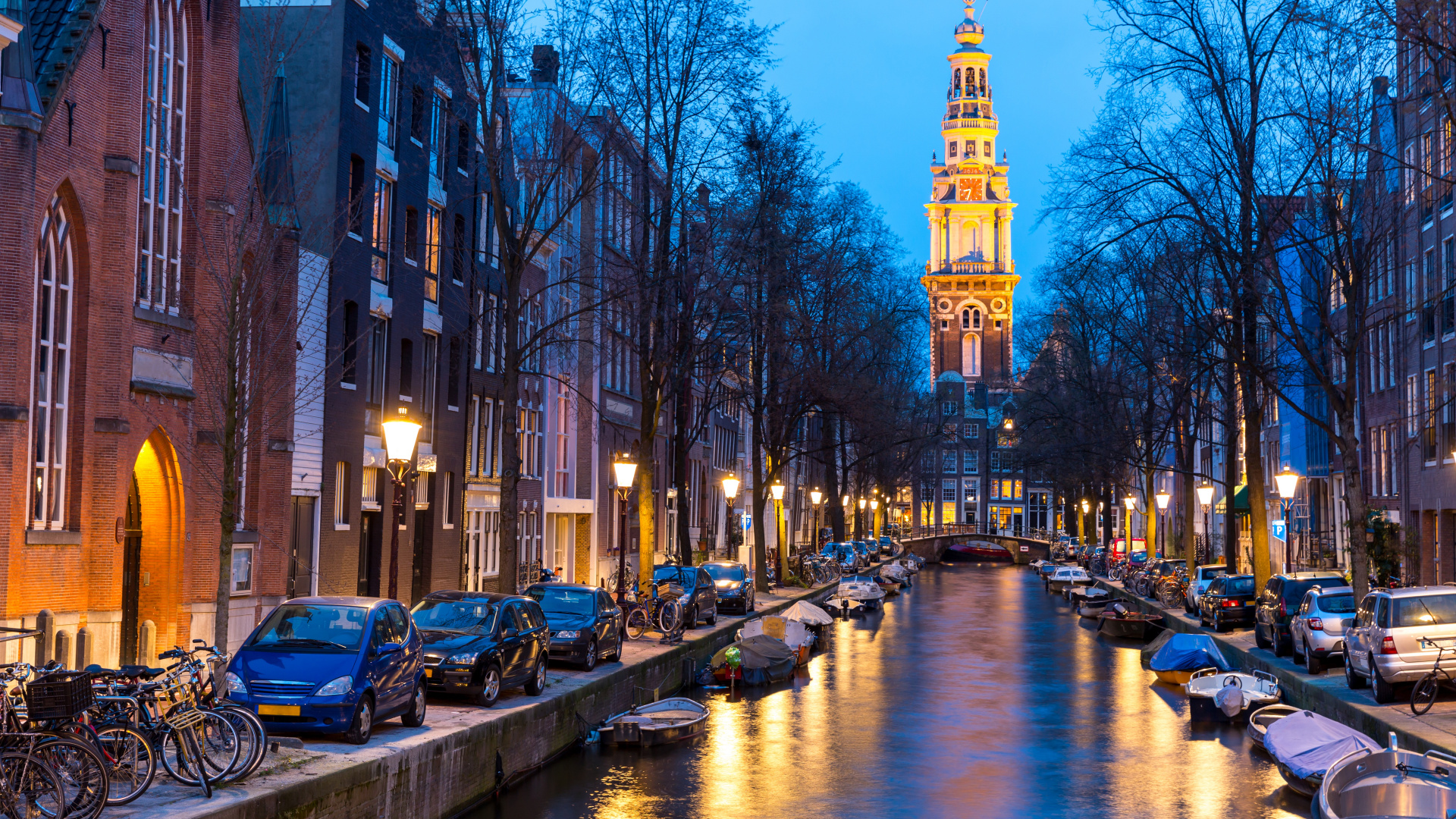 Amsterdam Canal at Dusk, Zuiderkerk, Keizersgracht, Groenburgwal, Herengracht. Wallpaper in 1920x1080 Resolution