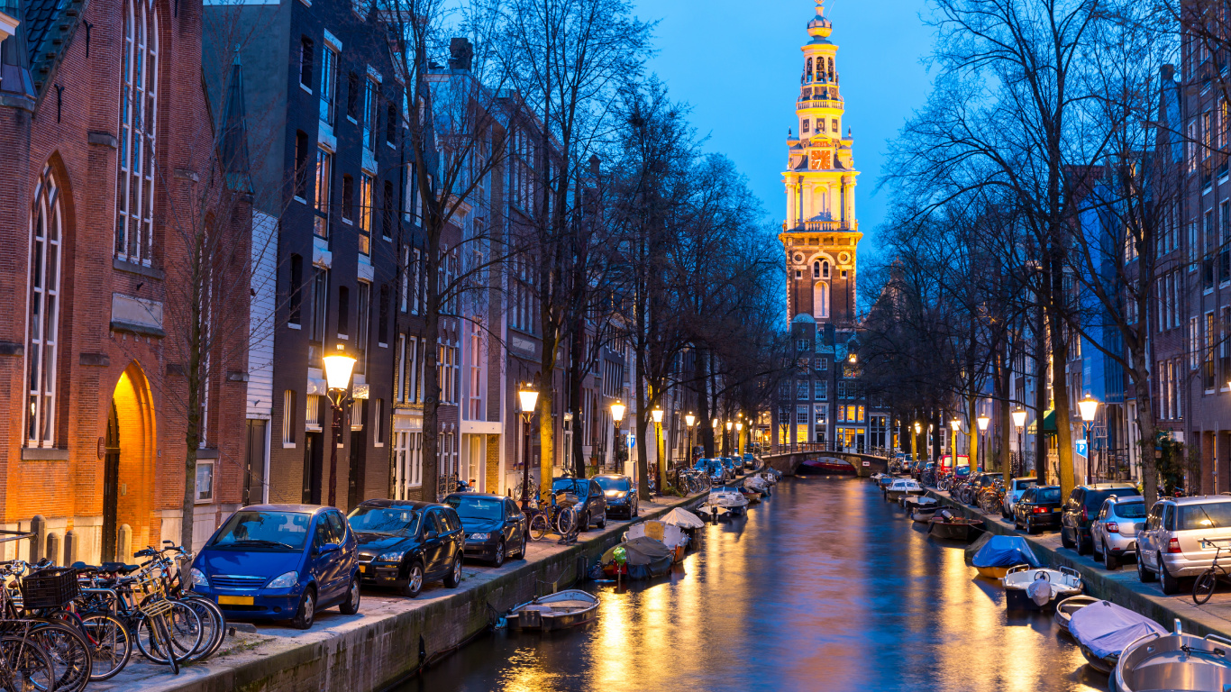 Canal D'Amsterdam au Crépuscule, Zuiderkerk, Keizersgracht, Groenburgwal, Herengracht. Wallpaper in 1366x768 Resolution