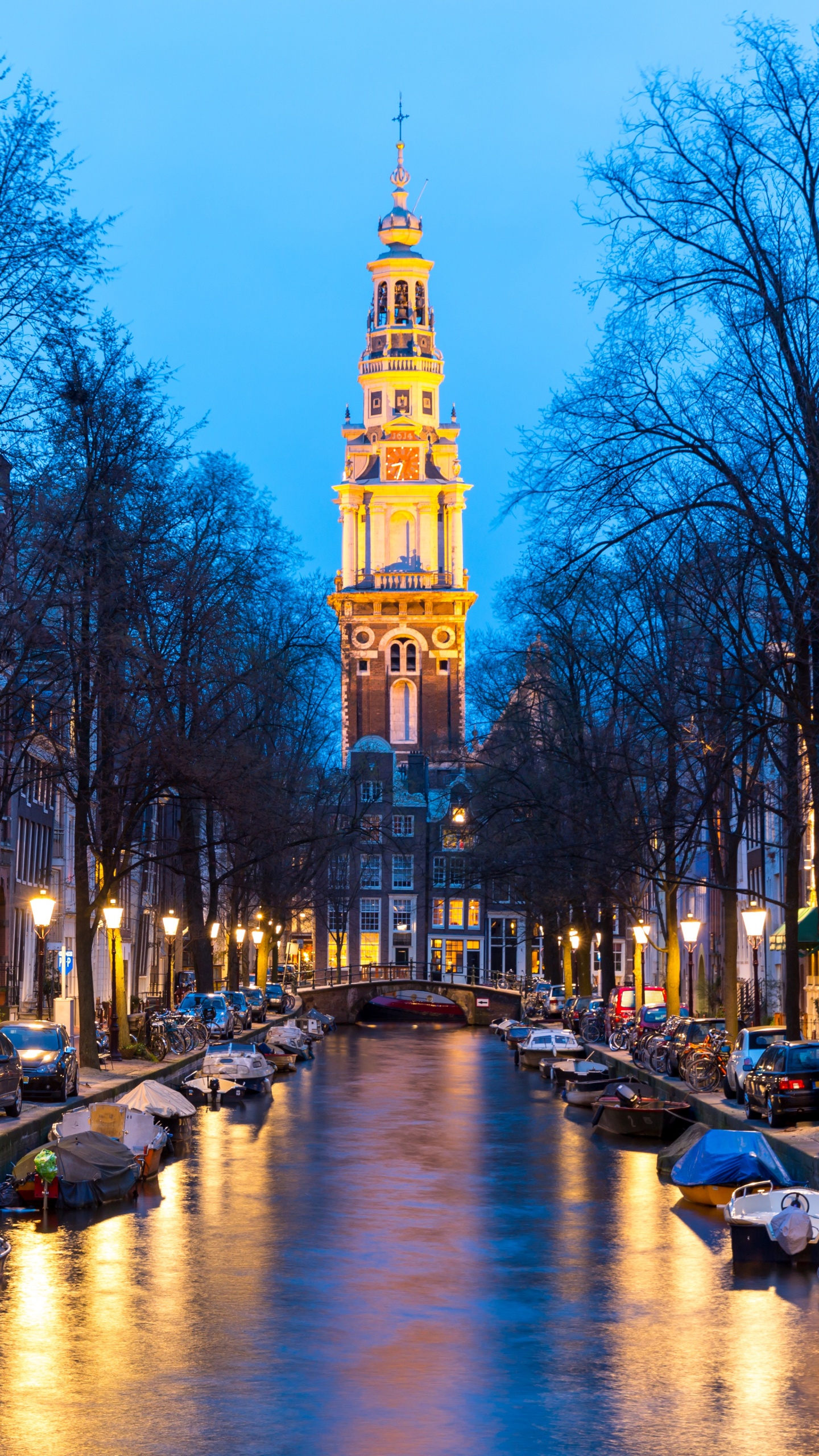 Canal D'Amsterdam au Crépuscule, Zuiderkerk, Keizersgracht, Groenburgwal, Herengracht. Wallpaper in 1440x2560 Resolution