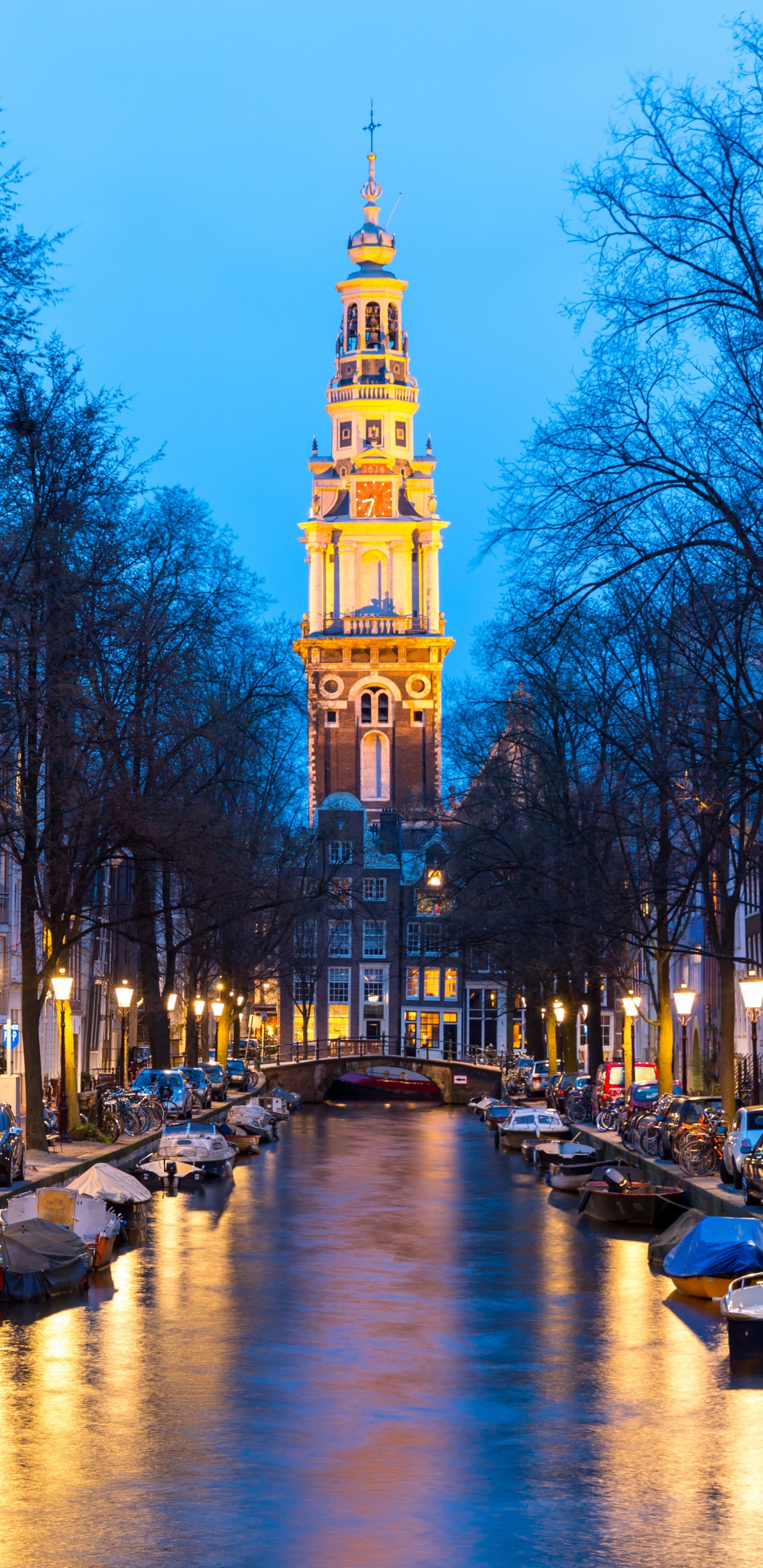 Canal D'Amsterdam au Crépuscule, Zuiderkerk, Keizersgracht, Groenburgwal, Herengracht. Wallpaper in 1440x2960 Resolution