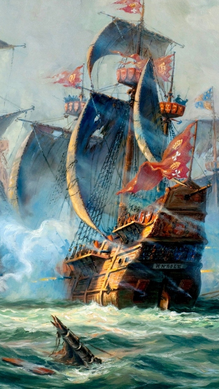 Braunes Schiff Auf Seemalerei. Wallpaper in 720x1280 Resolution