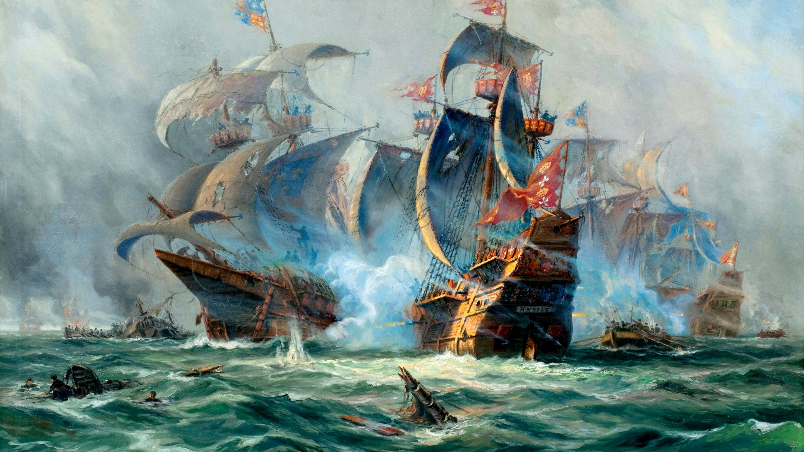 Barco Marrón en la Pintura Del Mar. Wallpaper in 2560x1440 Resolution