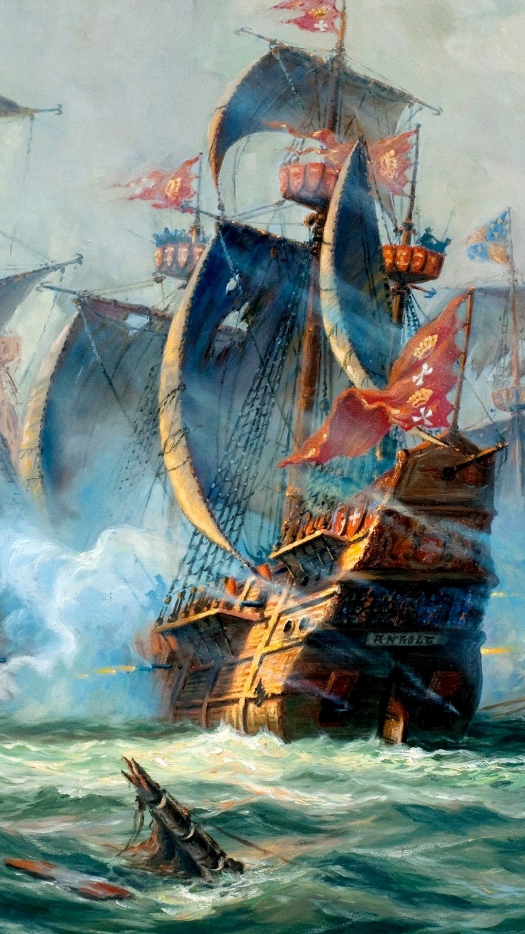 Bateau Brun Sur la Peinture de la Mer. Wallpaper in 1080x1920 Resolution