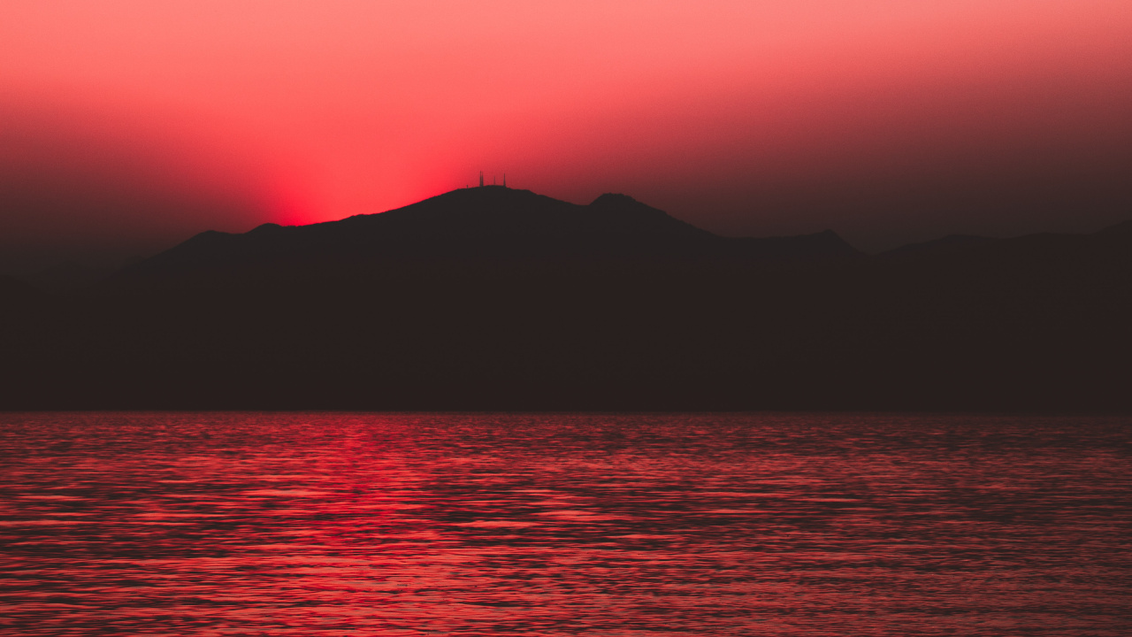 地平线, 余辉, 红色的, 日落, 大海 壁纸 1280x720 允许