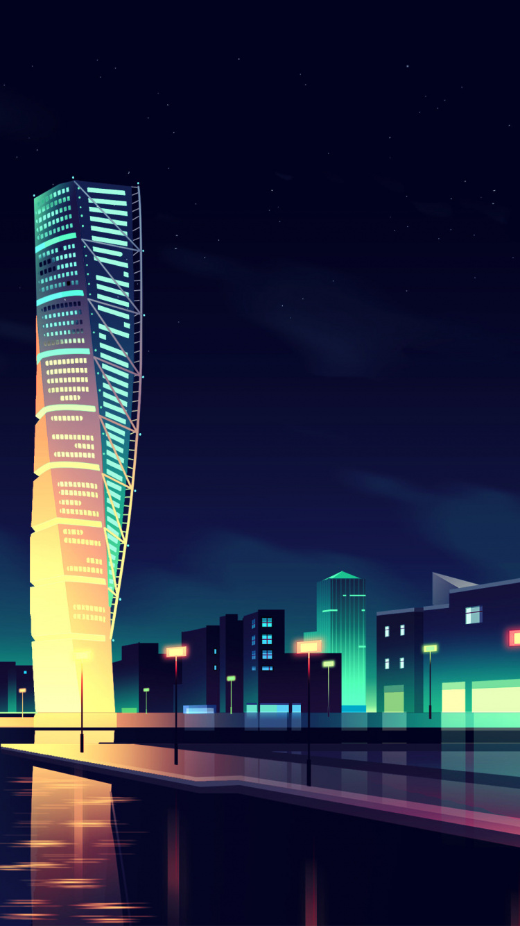 Edificio Alto Iluminado Cerca Del Cuerpo de Agua Durante la Noche. Wallpaper in 750x1334 Resolution