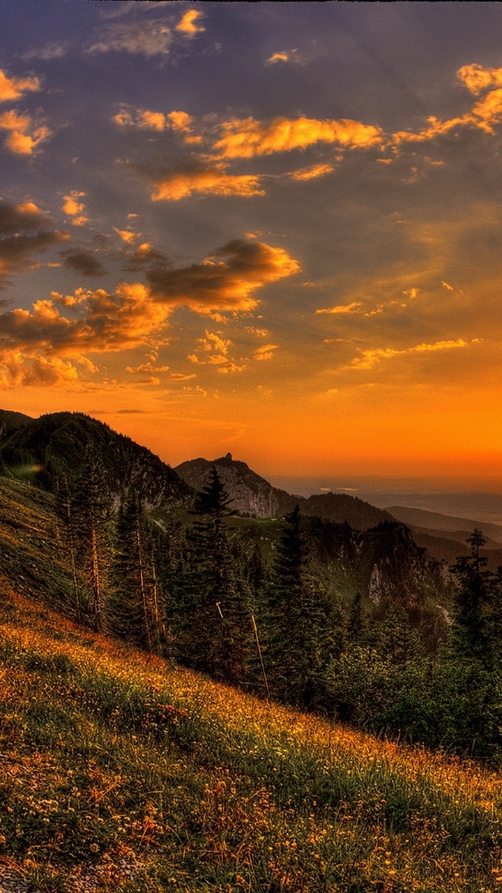 Green Grass Field Near Mountain During Sunset. Wallpaper in 720x1280 Resolution