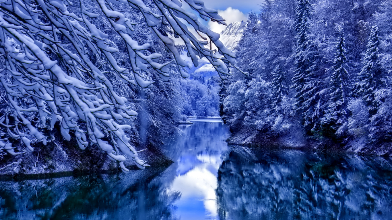 Snow Covered Trees and Mountain. Wallpaper in 1366x768 Resolution