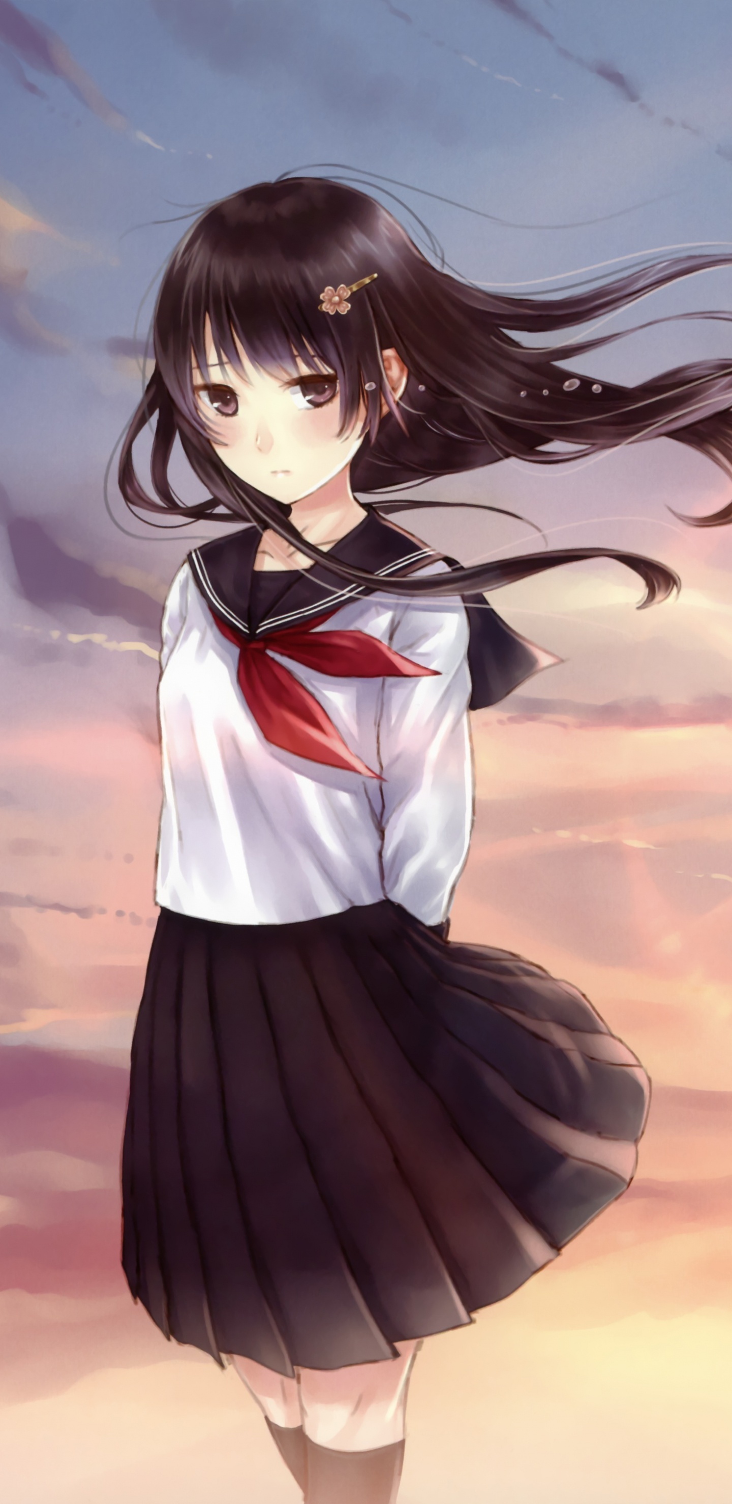 长长的头发, 棕色的头发, 手势, 天空, 艺术 壁纸 1440x2960 允许