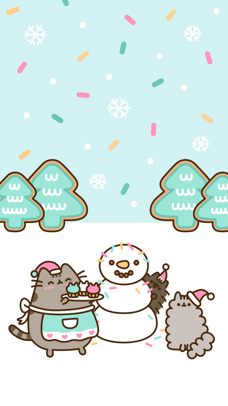 Pusheen, Weihnachten, Kawaii, Niedlichkeit, Zeichnung. Wallpaper in 750x1334 Resolution