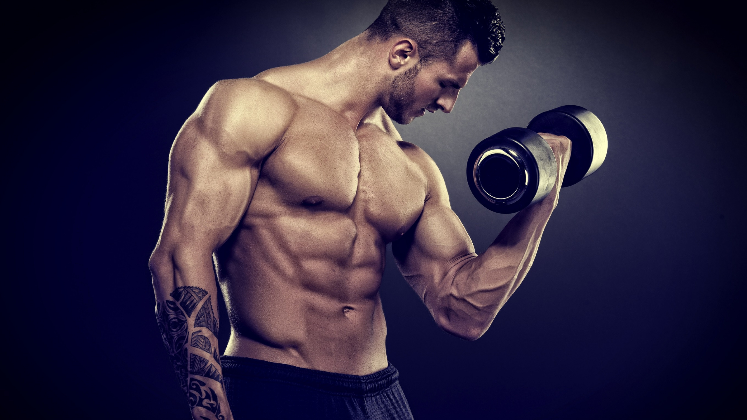 Topless Man in Black Shorts Holding Black and Silver Dumbbell. Wallpaper in 2560x1440 Resolution