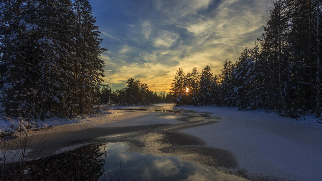 Snow Covered Field With Trees Under Blue Sky and White Clouds During Daytime. Wallpaper in 1366x768 Resolution
