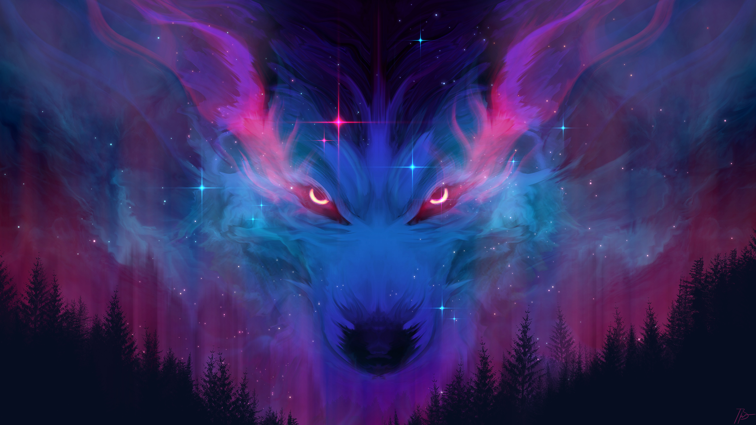 Loup Cosmique, Loup Rouge, Loup Noir, Purple, Art. Wallpaper in 2560x1440 Resolution