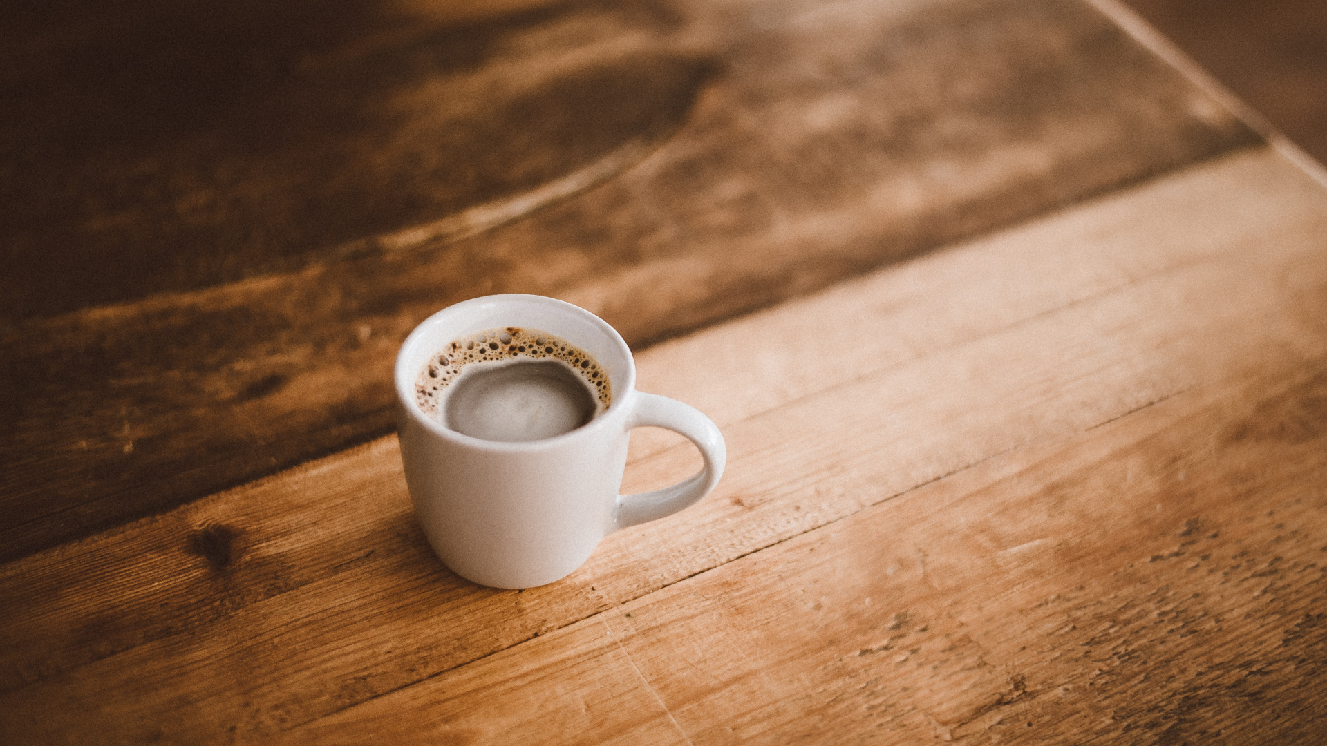White Ceramic Mug on Brown Wooden Table. Wallpaper in 1920x1080 Resolution