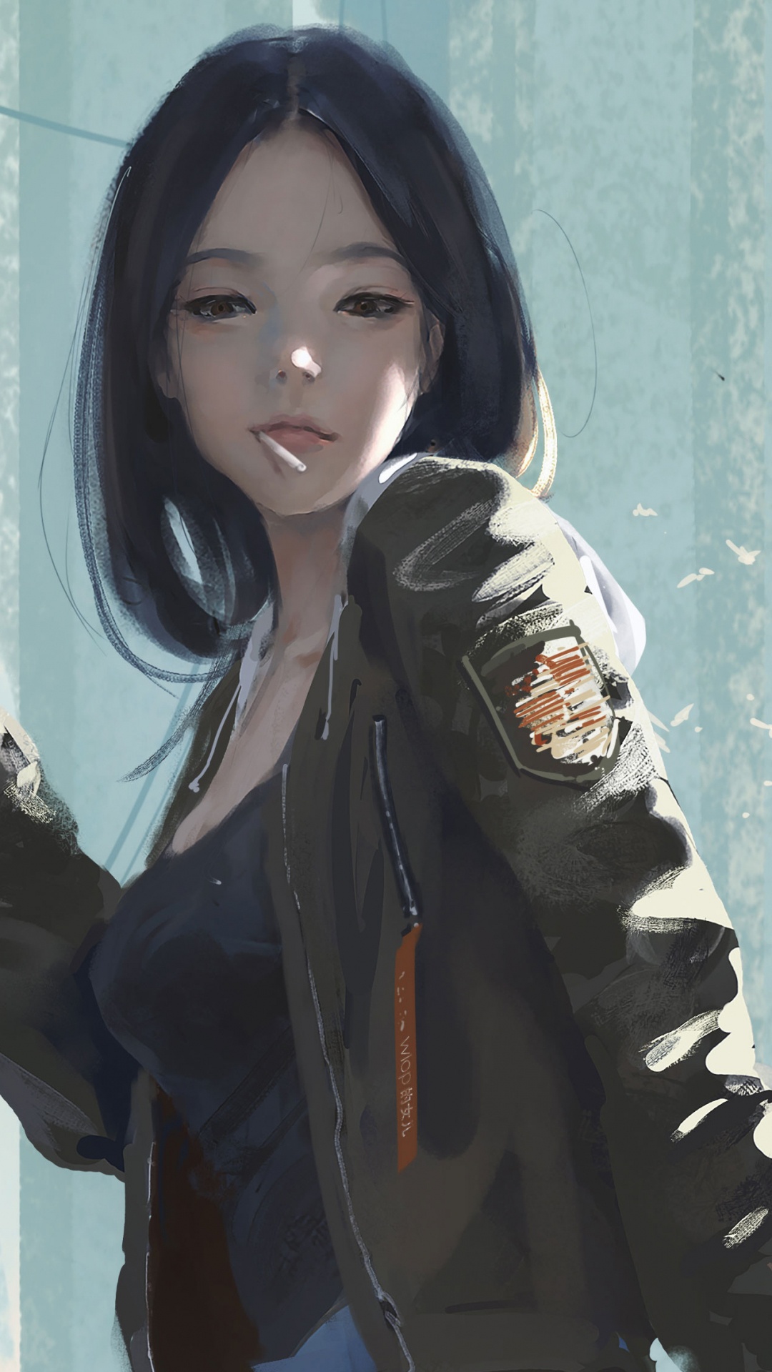 Femme en Veste Noire Debout à Côté du Mur Bleu. Wallpaper in 1080x1920 Resolution