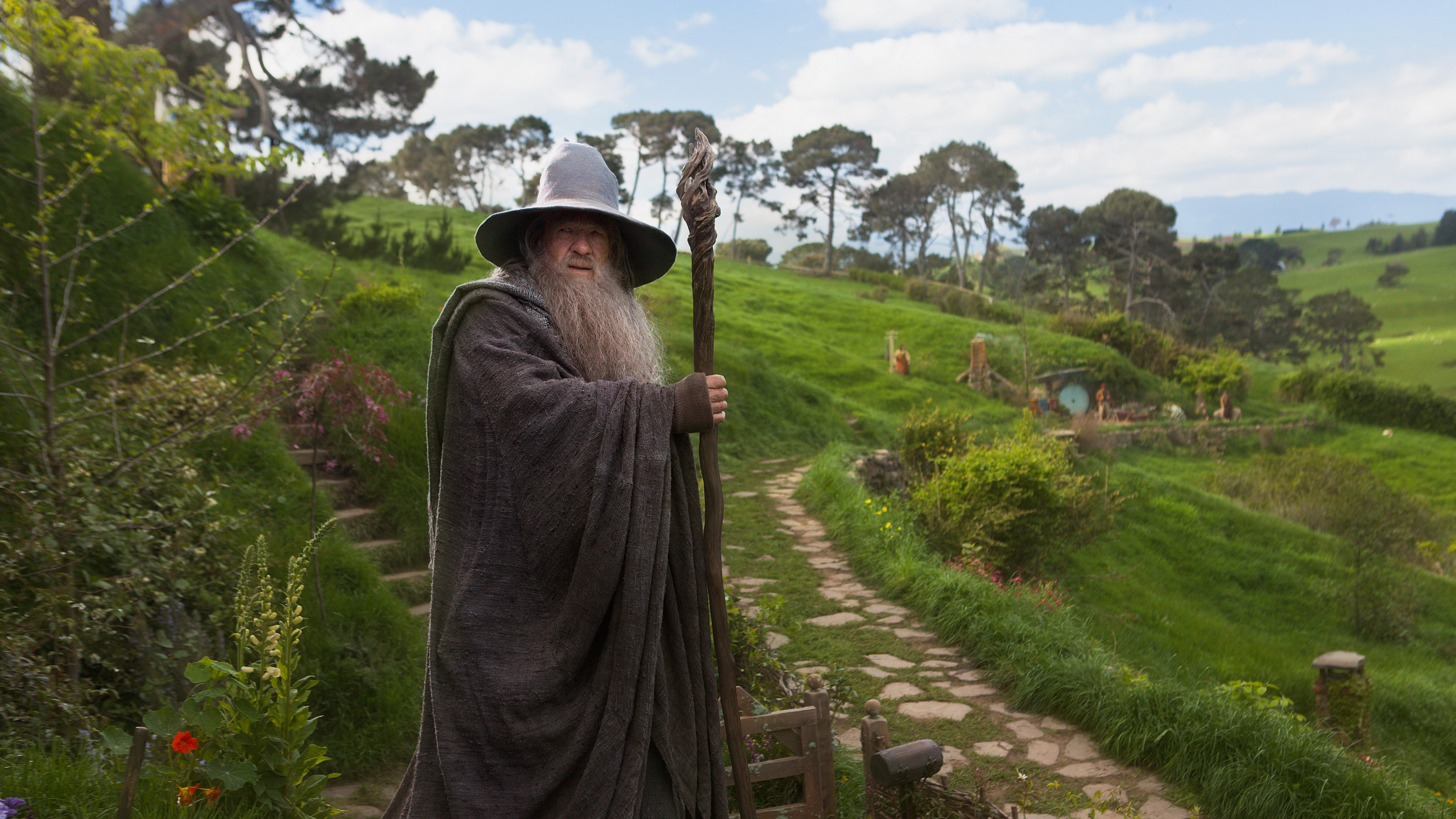 Man in Gray Robe Holding Brown Wooden Stick. Wallpaper in 2560x1440 Resolution