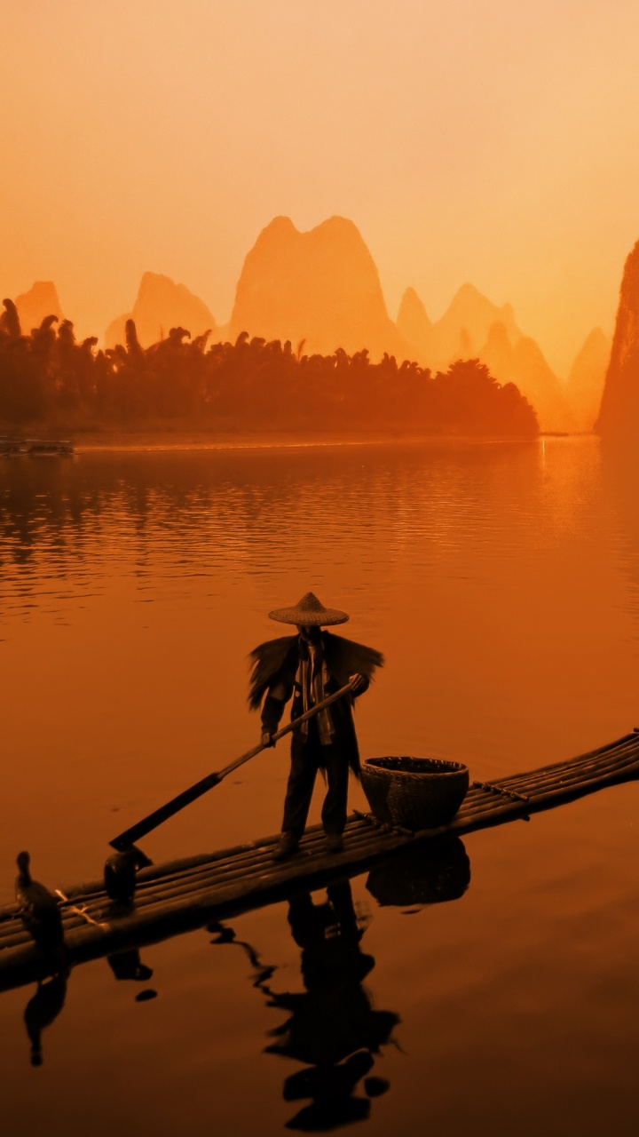 Silueta, De, Hombre, Equitación, En, Barco, Durante, Ocaso. Wallpaper in 720x1280 Resolution