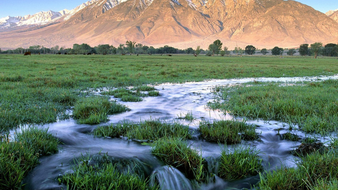 Green Grass Field Near Brown Mountain During Daytime. Wallpaper in 1280x720 Resolution