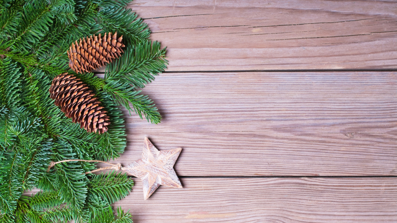Green Pine Tree Leaves on Brown Wooden Floor. Wallpaper in 1366x768 Resolution