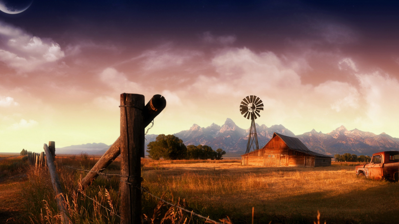 Photo en Niveaux de Gris D'une Grange au Milieu D'un Champ. Wallpaper in 1366x768 Resolution