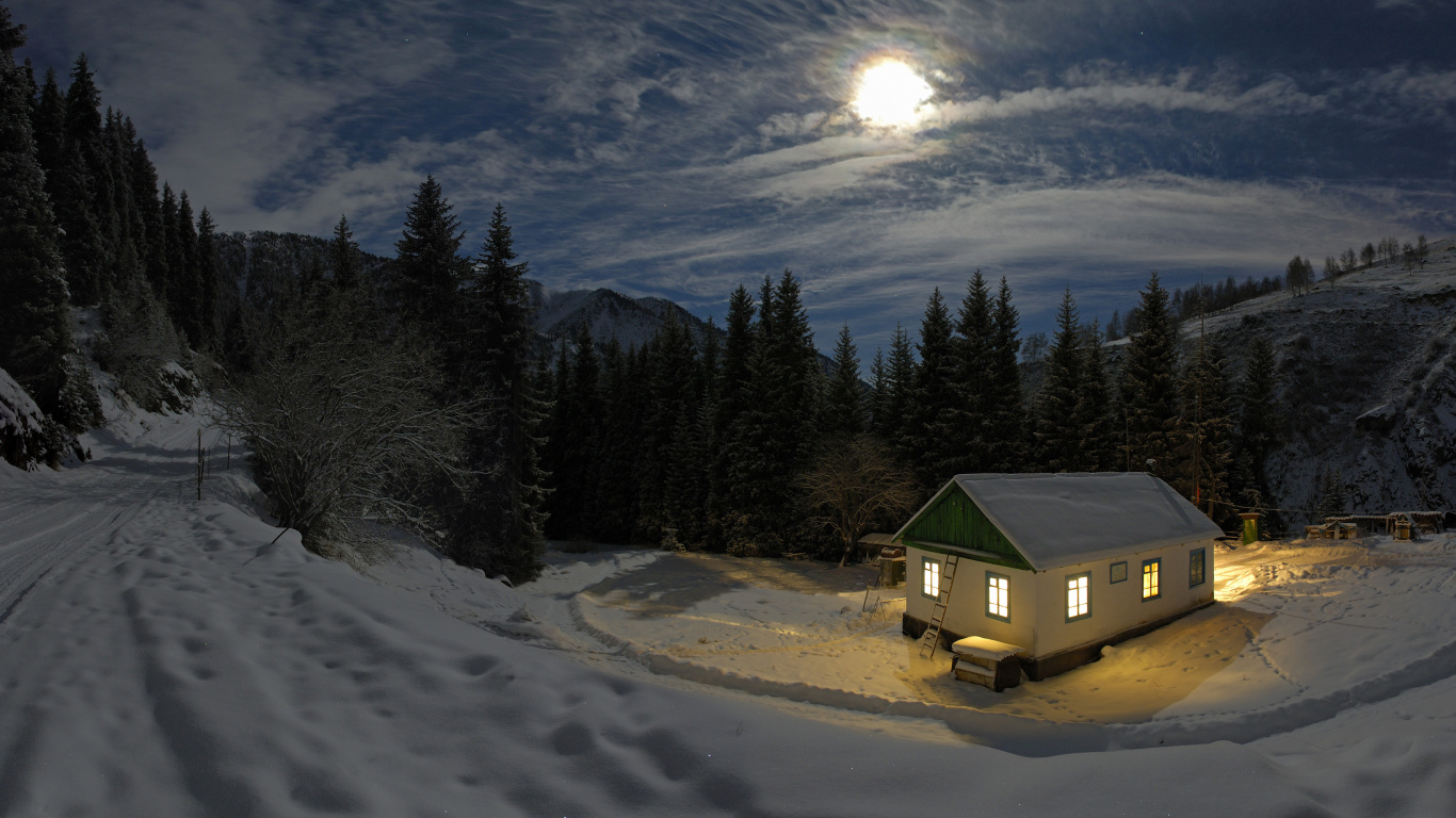 Green House Surrounded by Snow Covered Field and Pine Trees Under Blue Sky and White Clouds. Wallpaper in 1366x768 Resolution