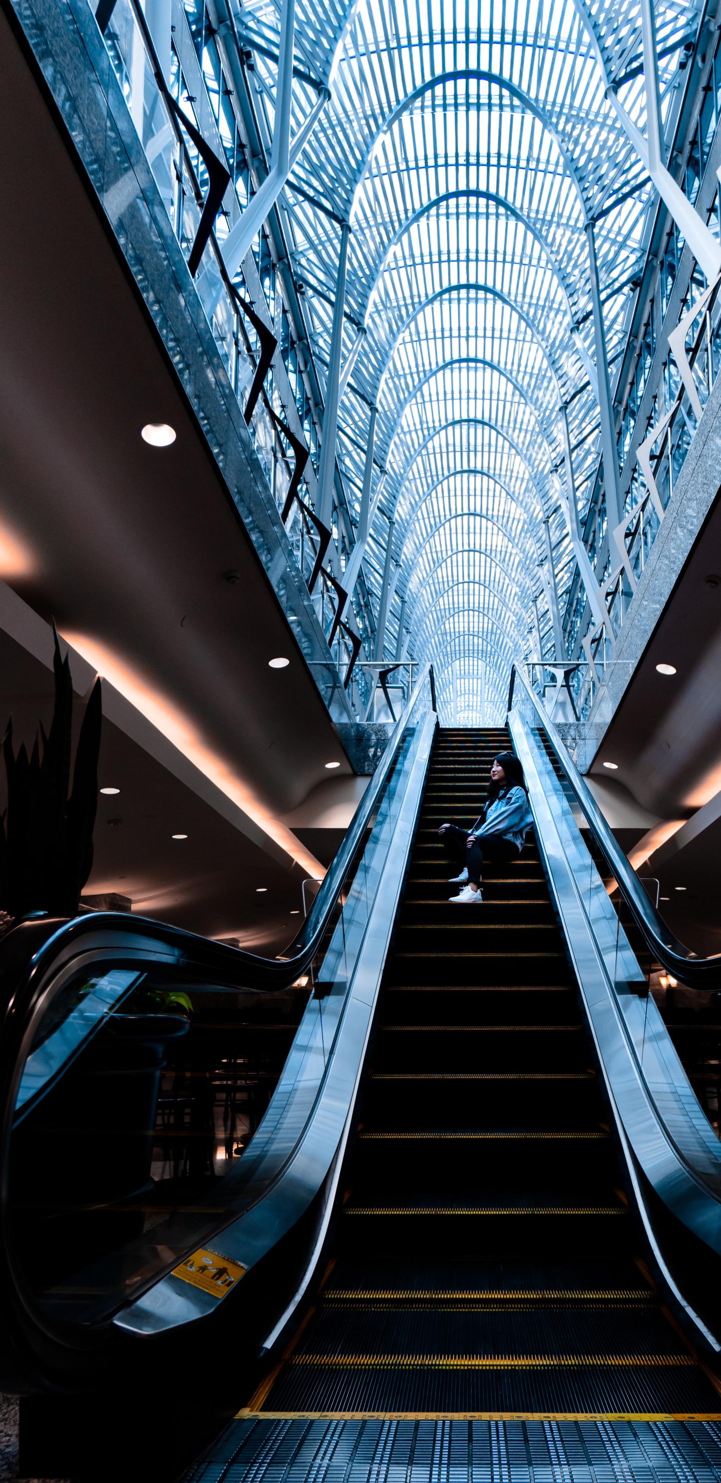 Blaue Und Schwarze Rolltreppe in Einem Gebäude. Wallpaper in 1440x2960 Resolution