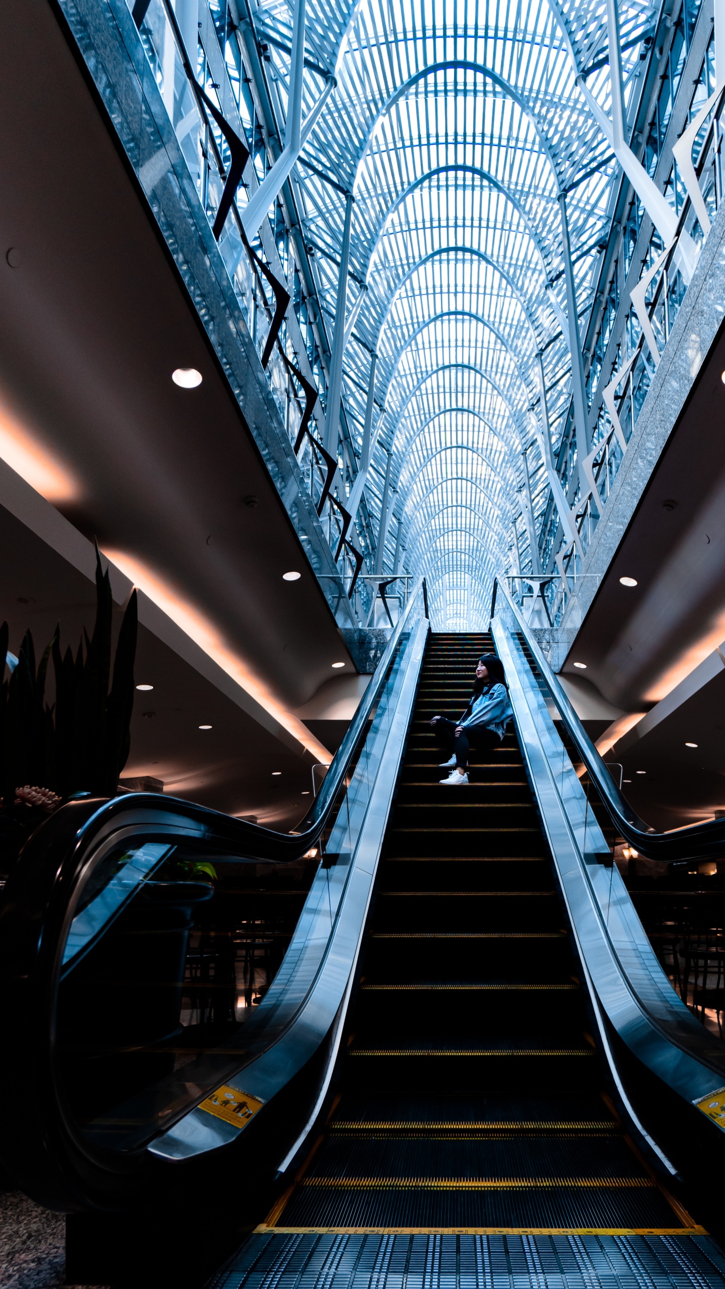 Blue and Black Escalator in a Building. Wallpaper in 1440x2560 Resolution