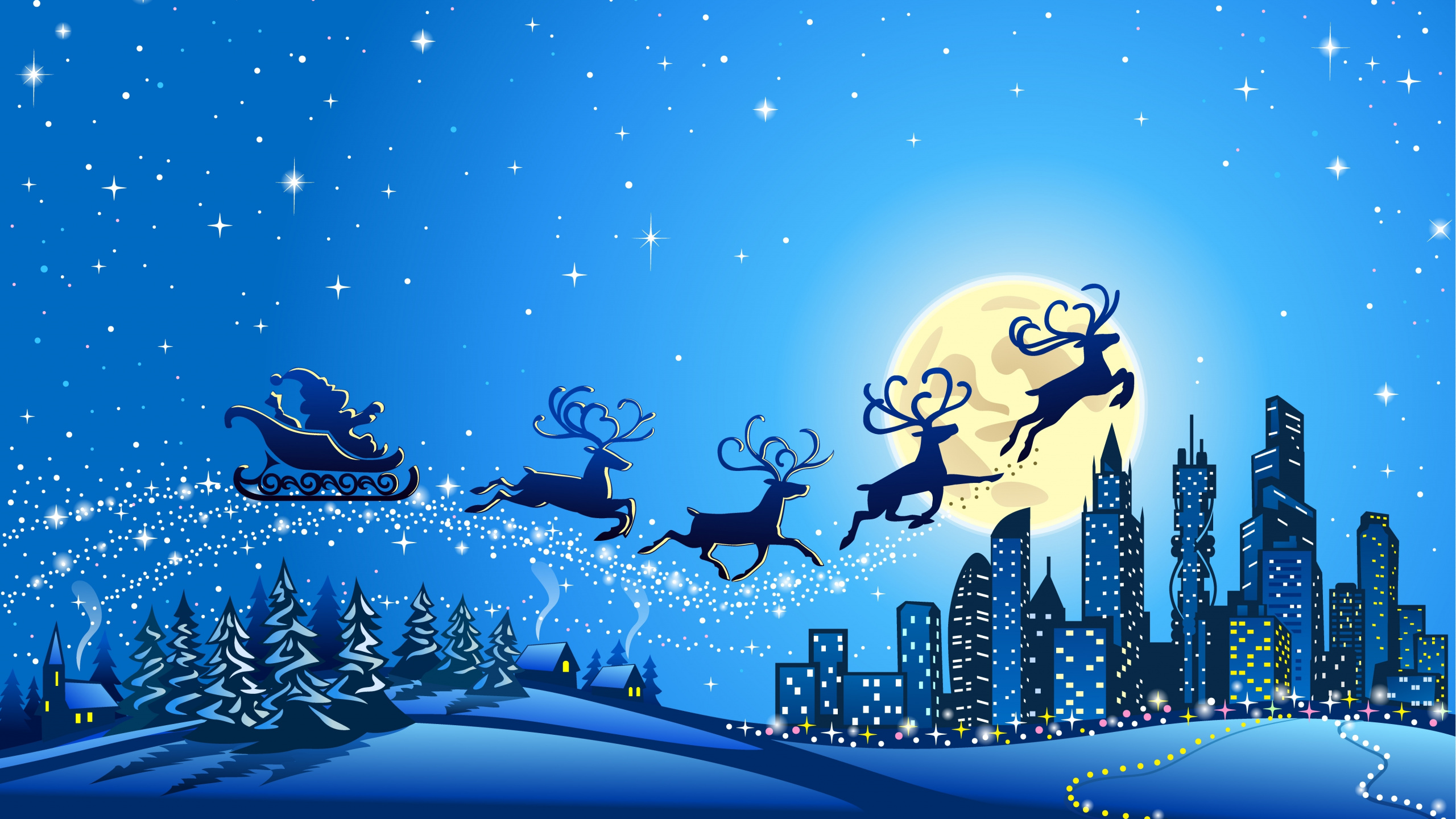 Weihnachten, Weihnachtsmann, Rentier, Illustration, Kunst. Wallpaper in 2560x1440 Resolution