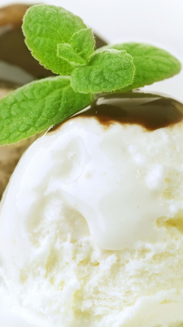 Ice Cream With Green Leaf on White Ceramic Plate. Wallpaper in 720x1280 Resolution