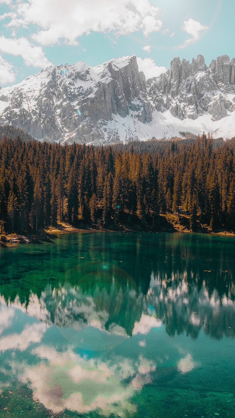 Karersee, Wasser, Cloud, Natur, Baum. Wallpaper in 750x1334 Resolution