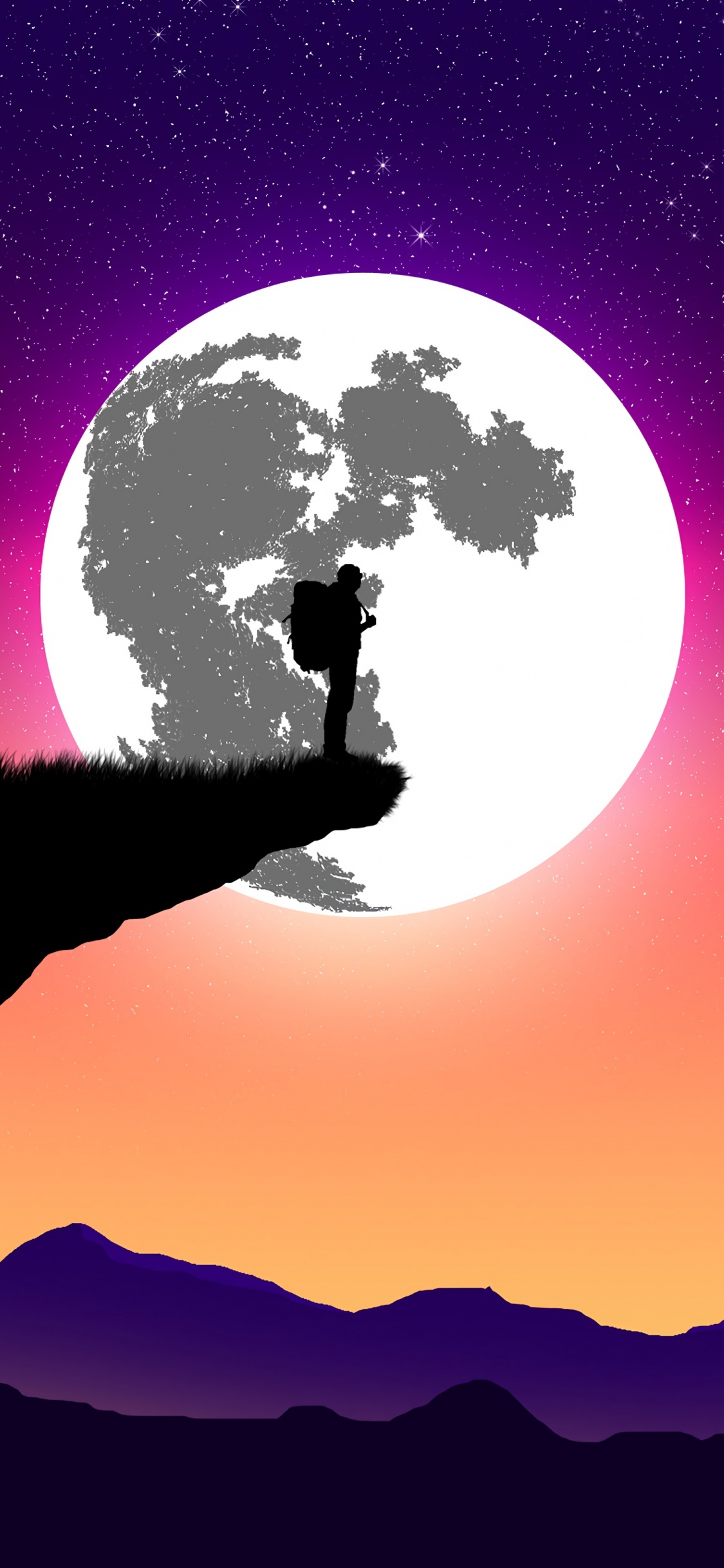 Silhouette of Tree and Mountain During Night Time. Wallpaper in 1125x2436 Resolution