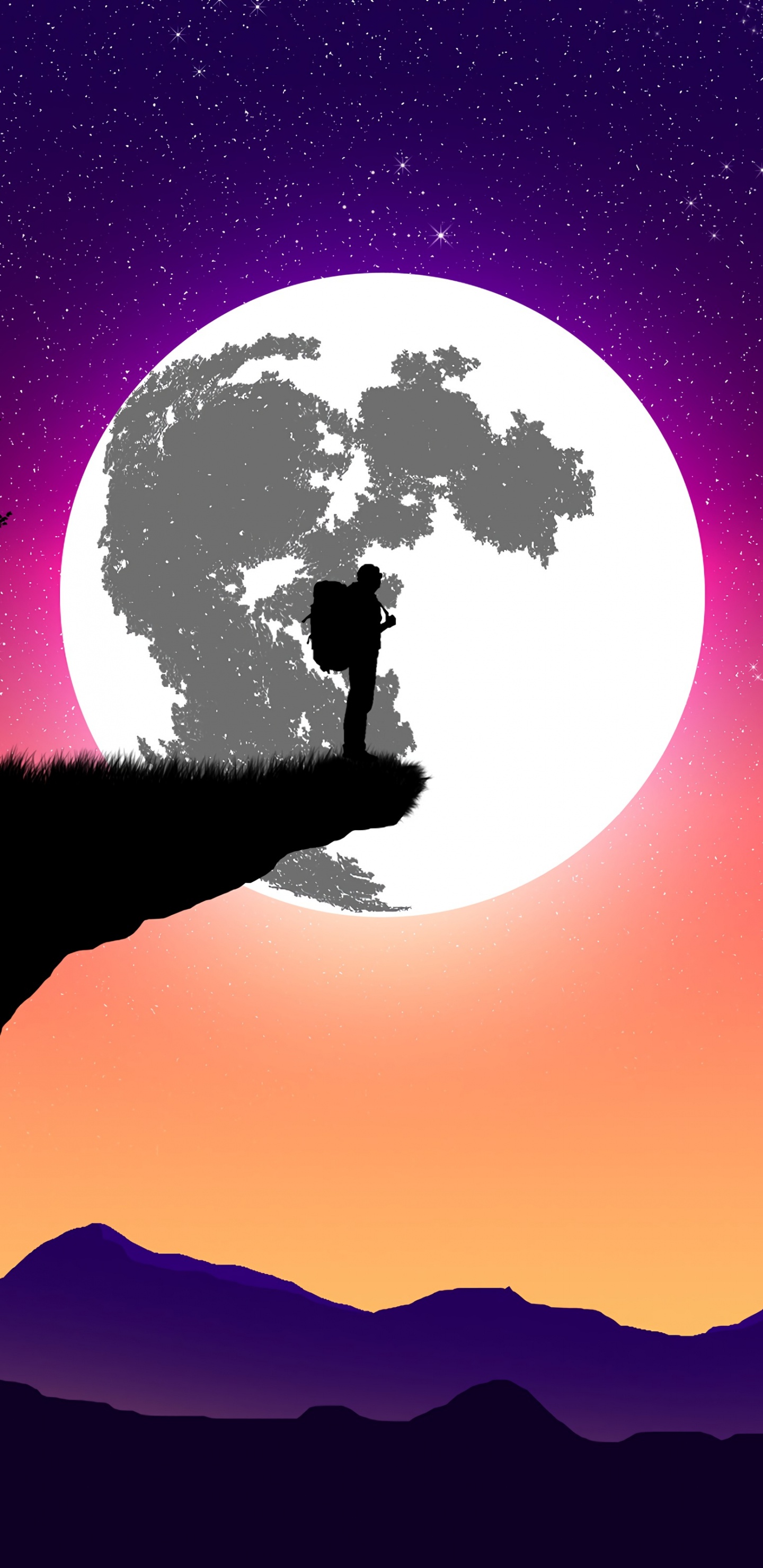 Silhouette of Tree and Mountain During Night Time. Wallpaper in 1440x2960 Resolution