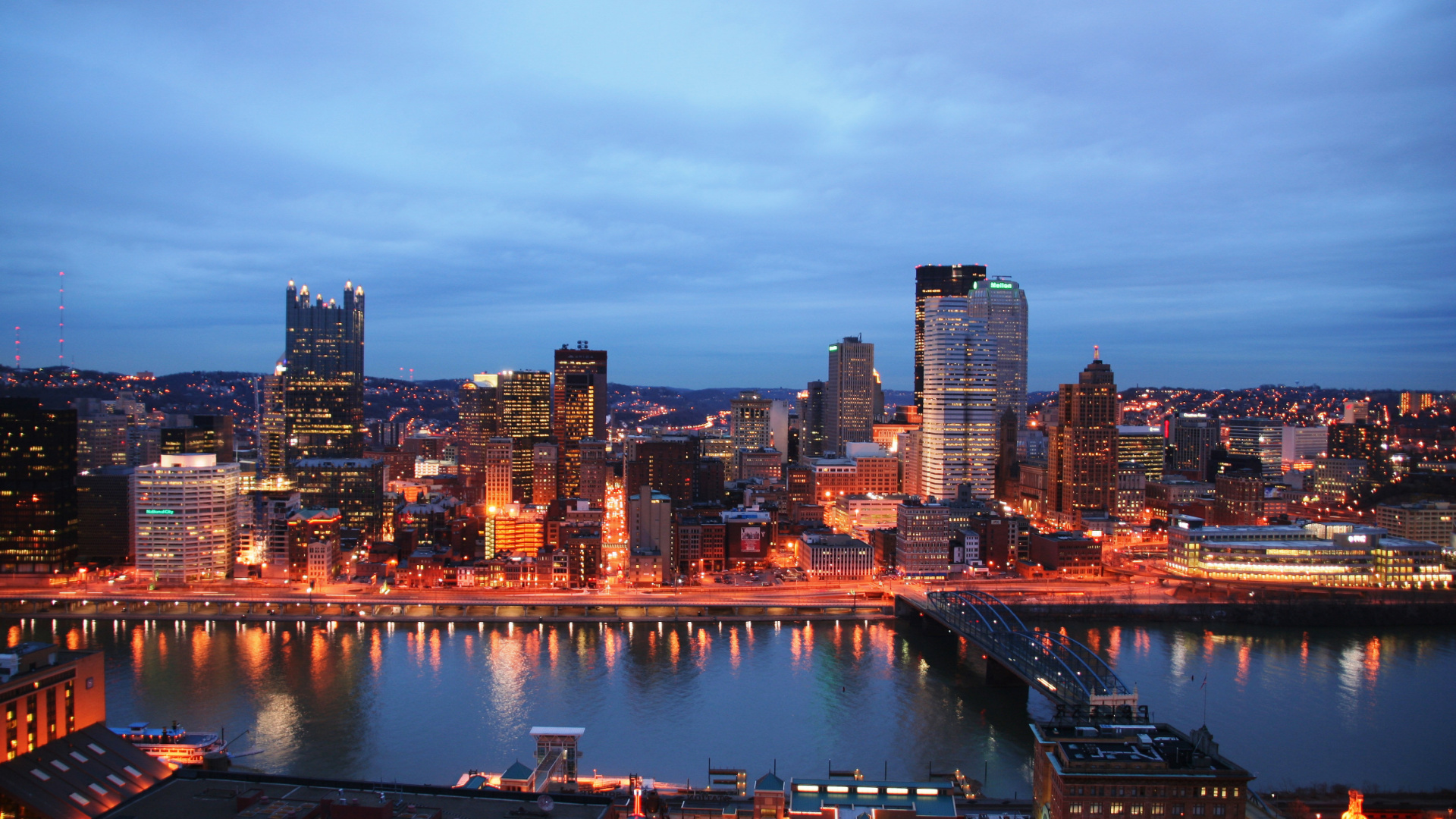 City Skyline Near Body of Water During Night Time. Wallpaper in 1920x1080 Resolution