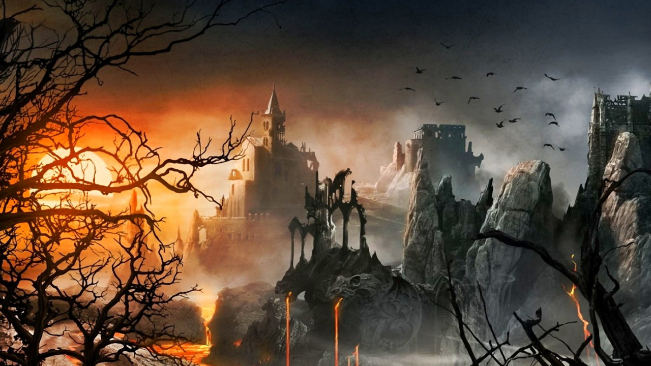 Castle on Top of Mountain Painting. Wallpaper in 1280x720 Resolution