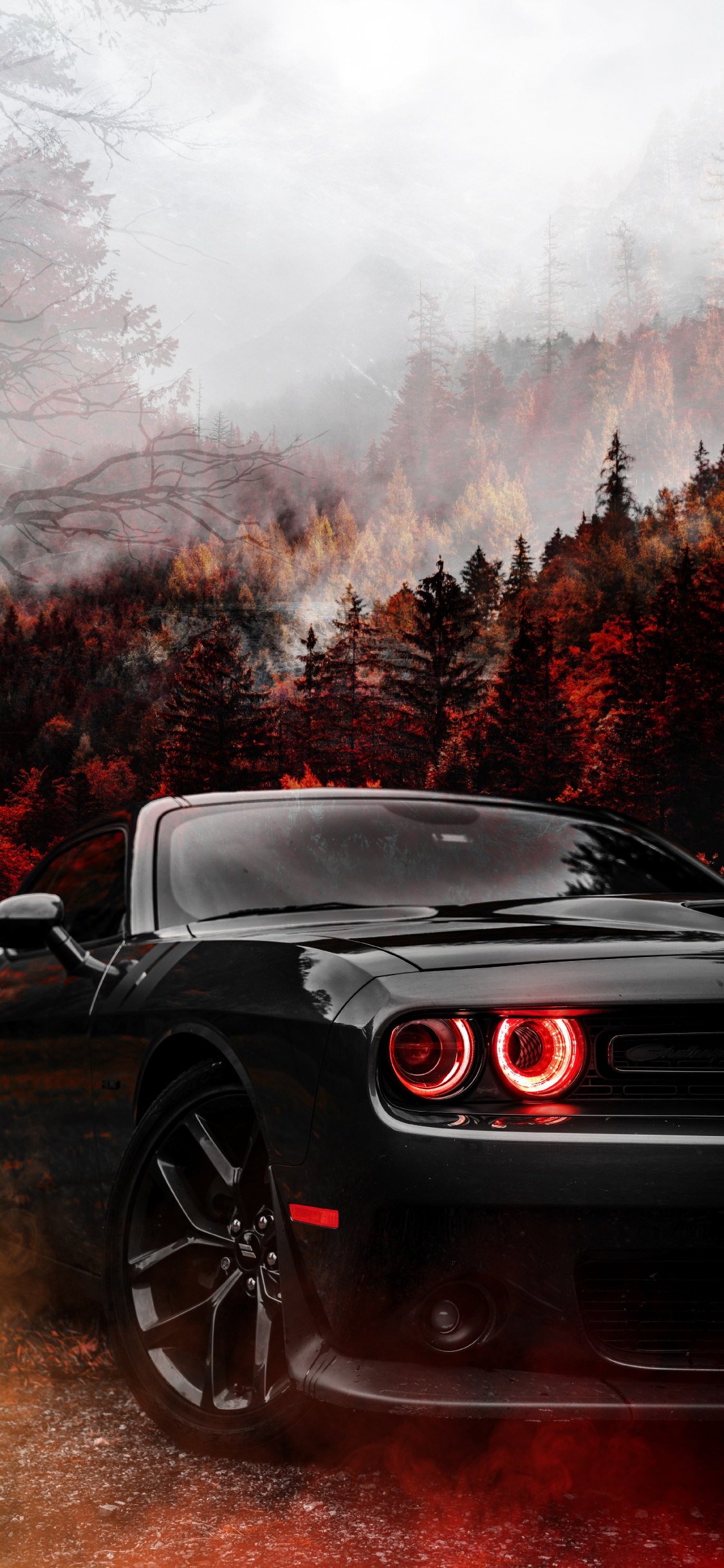 Dodge Challenger, Dodge, Esquivar Demonio, Dodge Challenger Fuselaje Ancho Ojos Rojos, Coche. Wallpaper in 1125x2436 Resolution