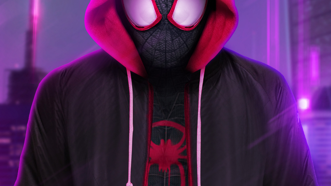 Spider Man With Hoodie, Spider-Man Into The Spider-Verse, Miles Morales, Spider-man, Hoodie. Wallpaper in 1366x768 Resolution