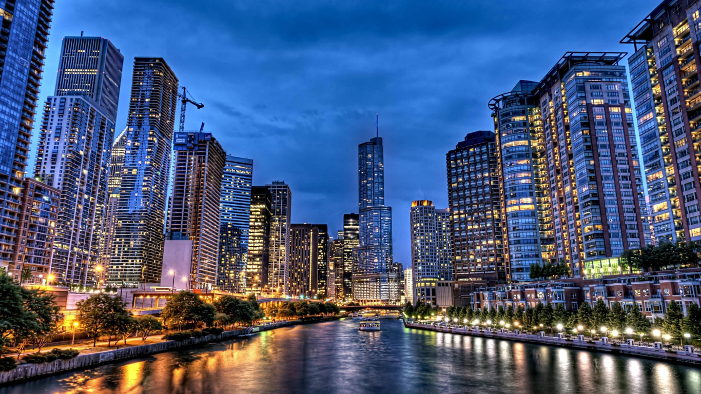 City Skyline Near Body of Water During Night Time. Wallpaper in 1366x768 Resolution