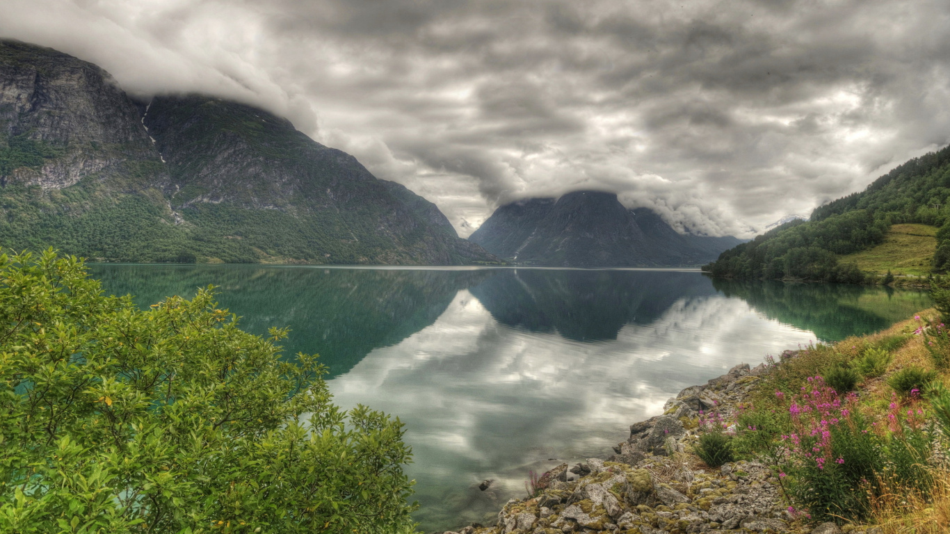 Green Trees Near Lake Under Cloudy Sky During Daytime. Wallpaper in 1366x768 Resolution
