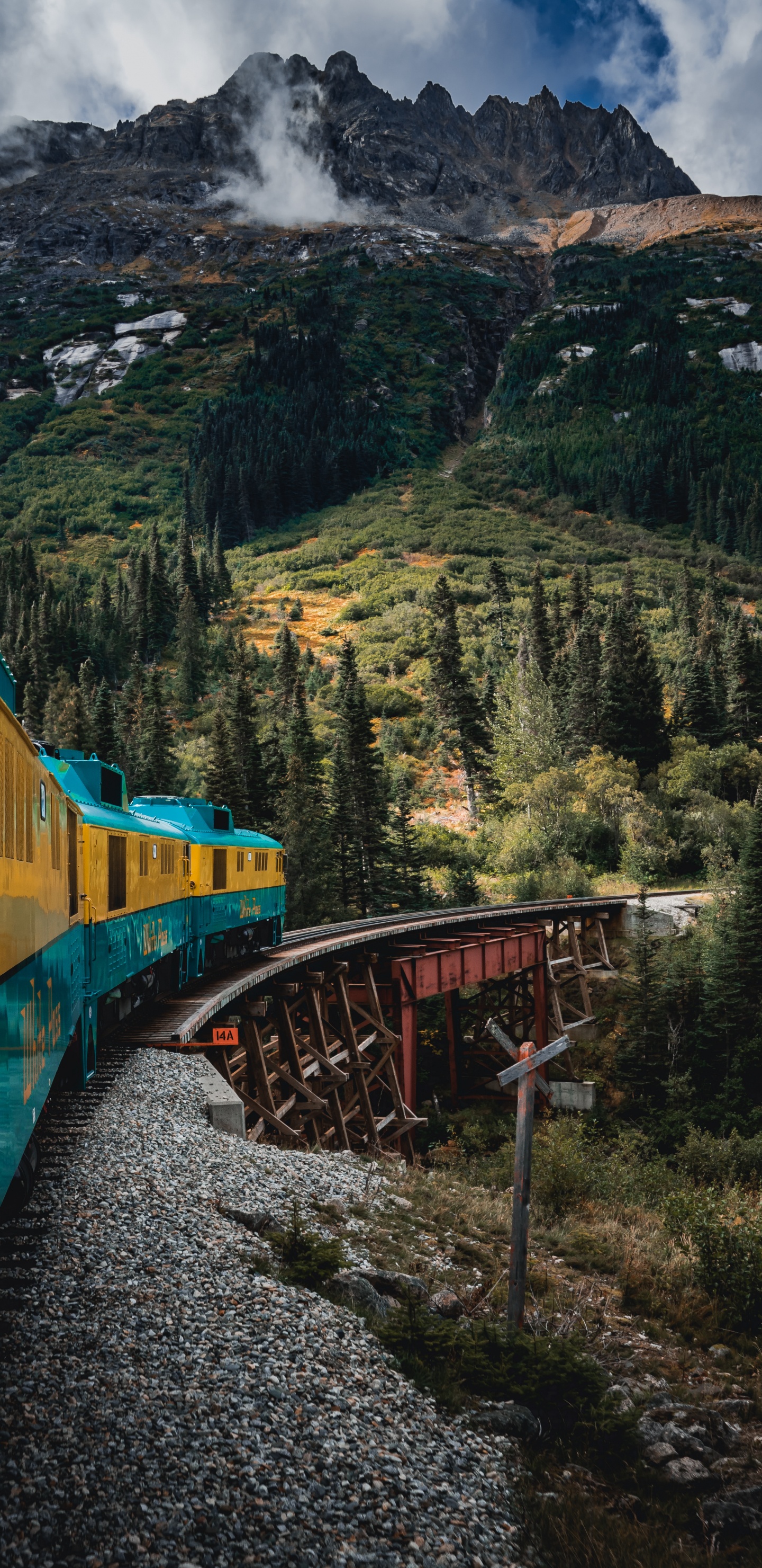 Yellow and Blue Train on Rail Tracks Near Green Trees and Mountain During Daytime. Wallpaper in 1440x2960 Resolution