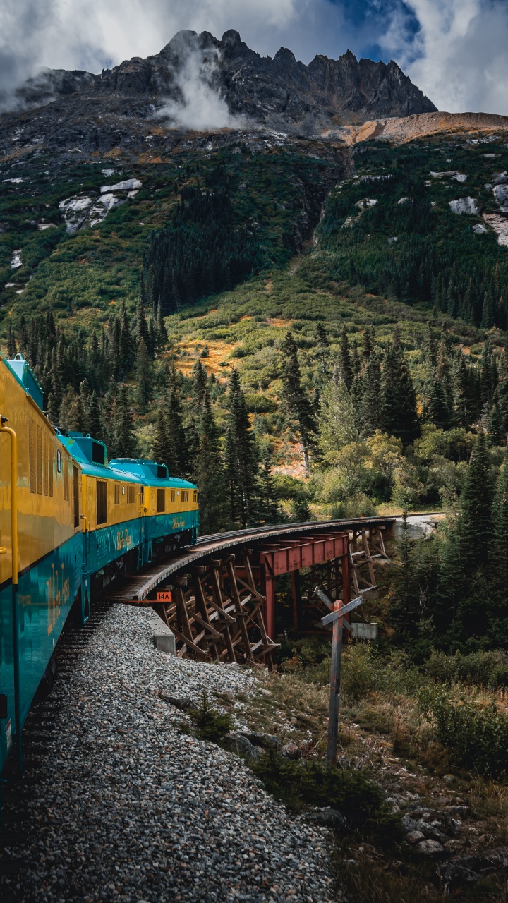 Yellow and Blue Train on Rail Tracks Near Green Trees and Mountain During Daytime. Wallpaper in 720x1280 Resolution