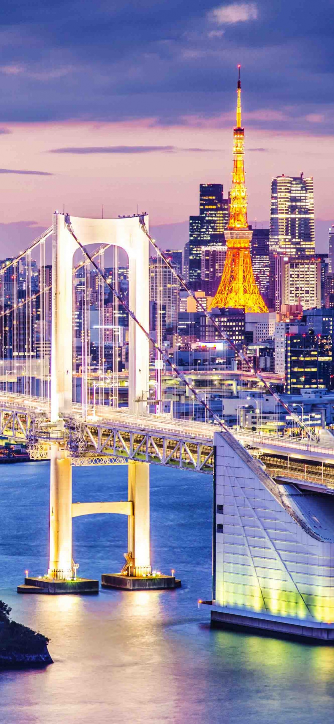 Pont Blanc Au-dessus D'un Plan D'eau Pendant la Nuit. Wallpaper in 1125x2436 Resolution