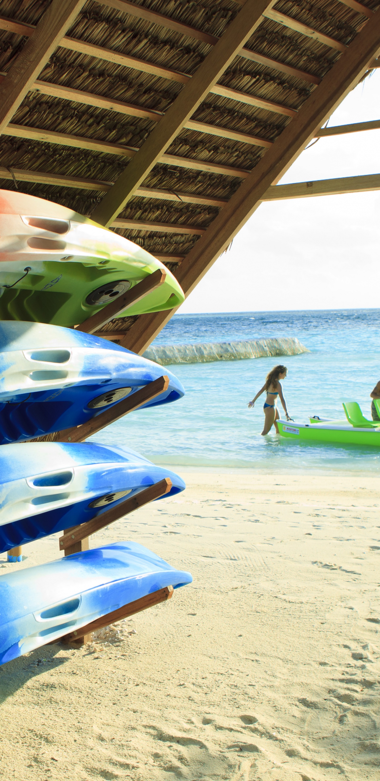 Tabla de Surf Azul y Blanca en la Playa. Wallpaper in 1440x2960 Resolution