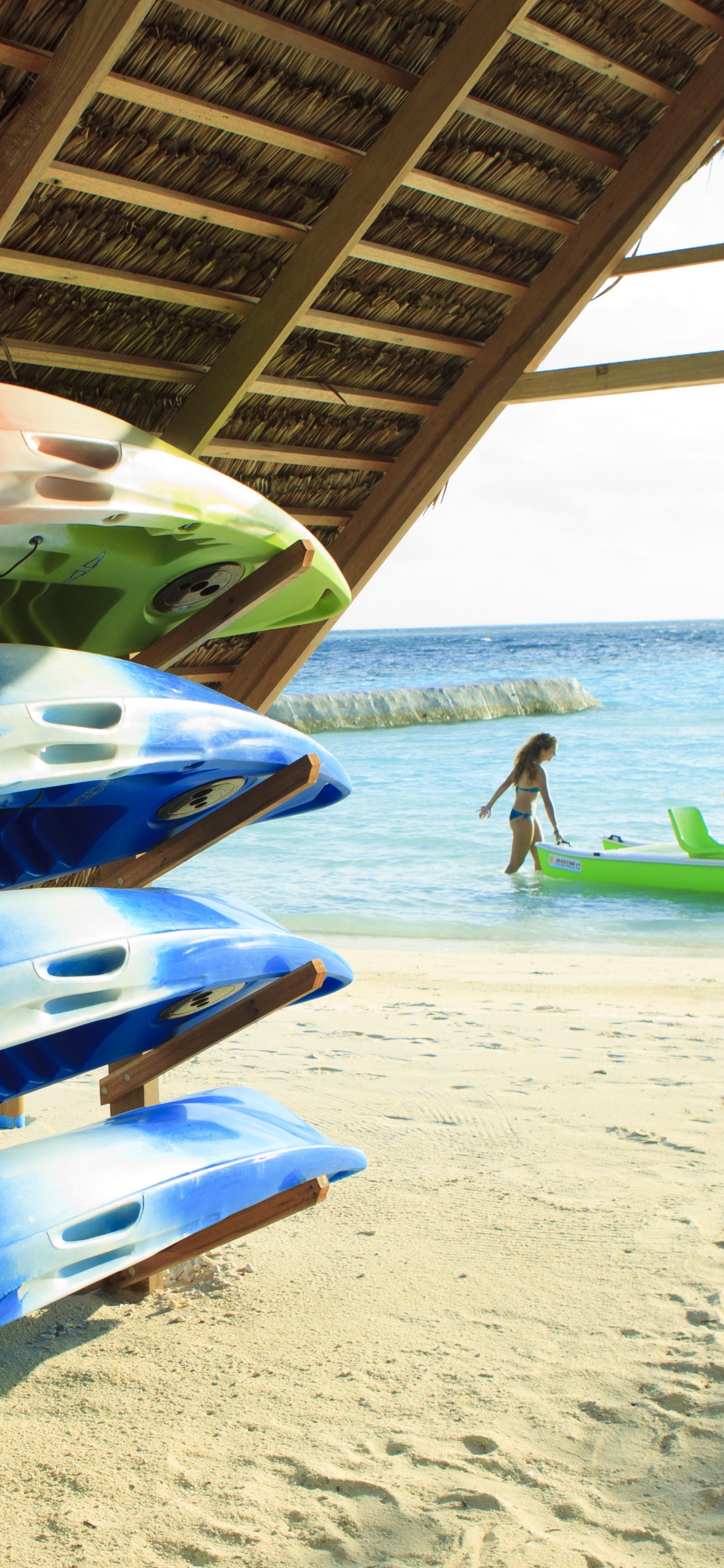 Planche de Surf Bleu et Blanc Sur la Plage. Wallpaper in 1125x2436 Resolution