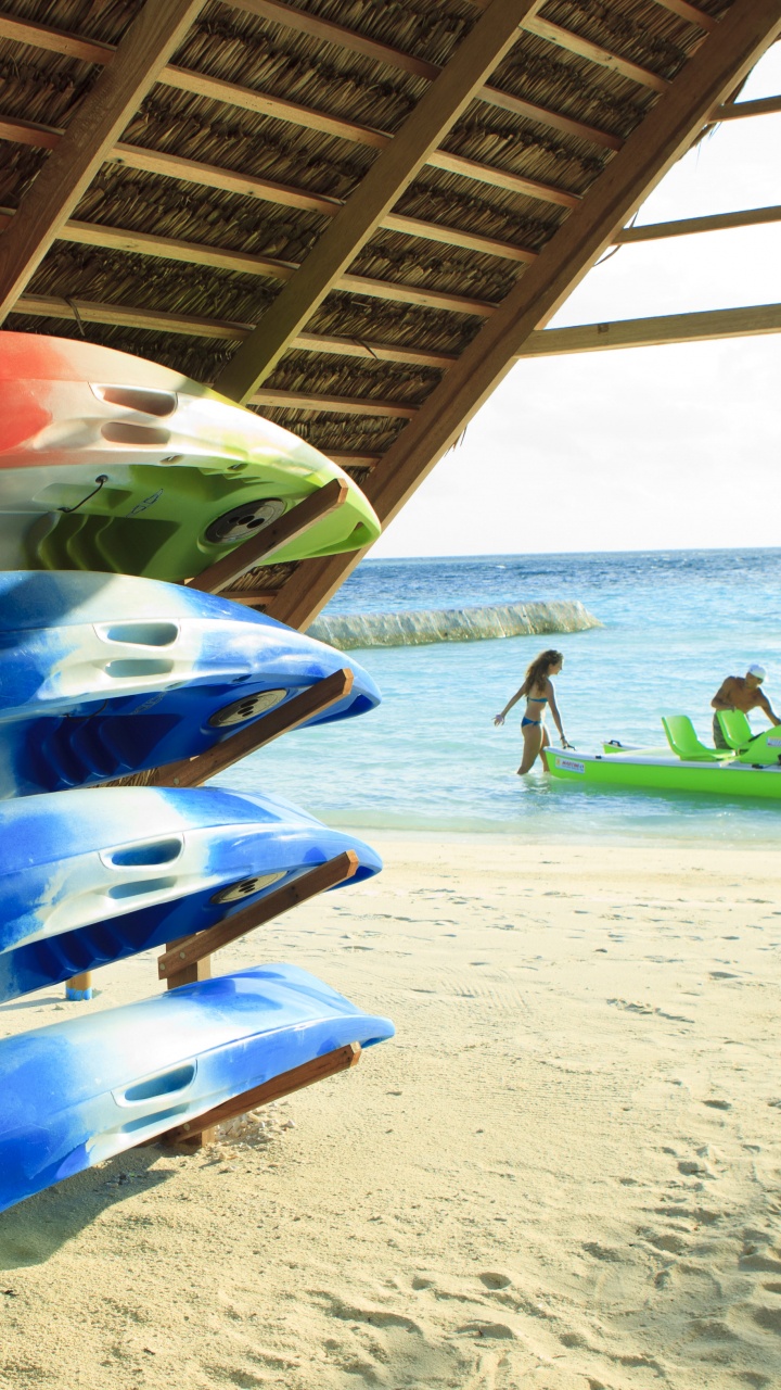 Planche de Surf Bleu et Blanc Sur la Plage. Wallpaper in 720x1280 Resolution