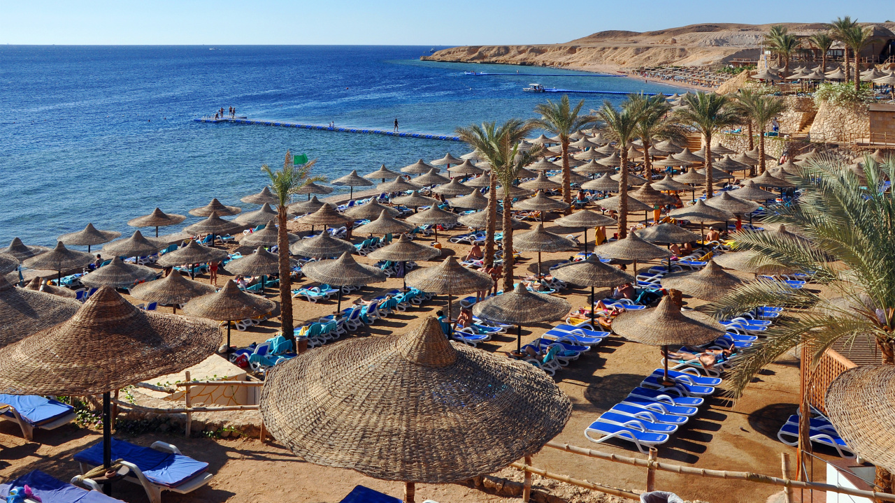 Brown and White Lounge Chairs on Beach During Daytime. Wallpaper in 1280x720 Resolution